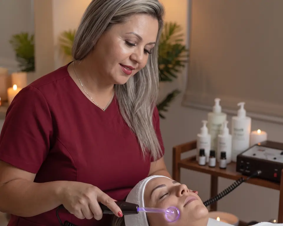 Profissional aplicando a alta frequência em uma cliente