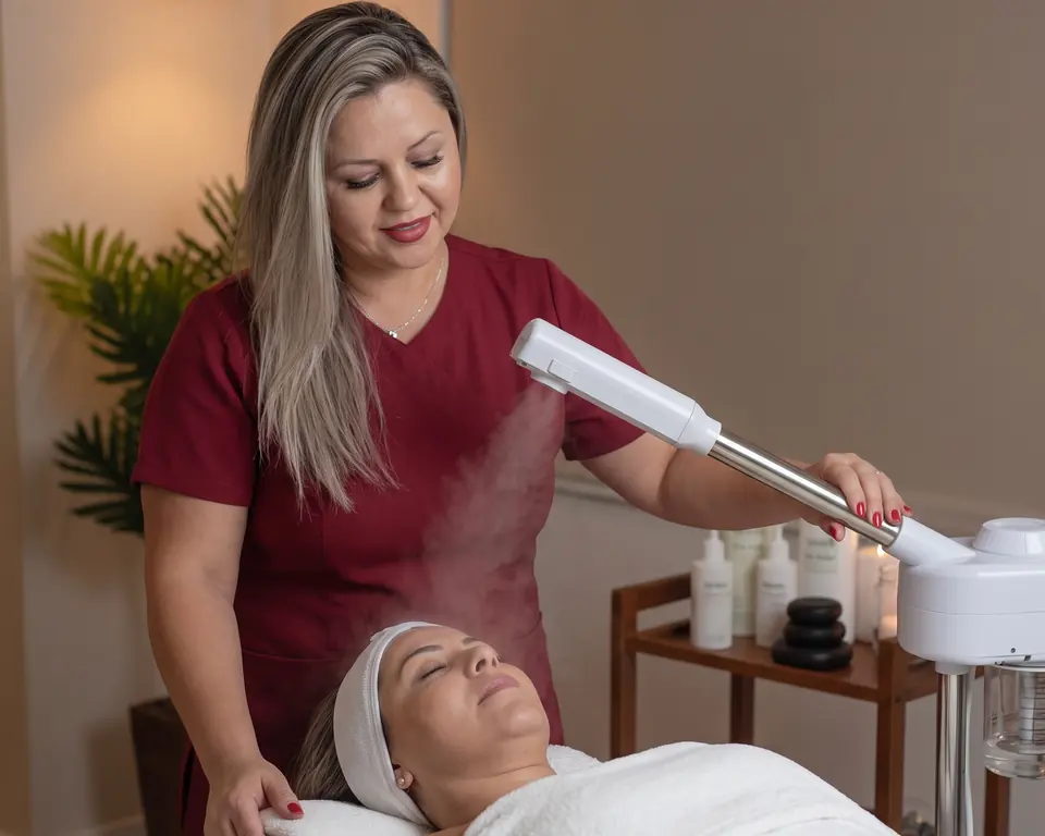 Profissional aplicando o vapor de ozônio em uma cliente