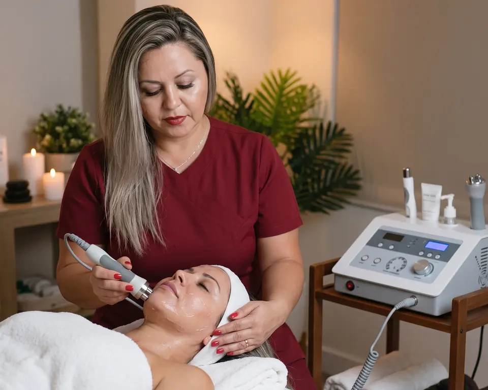 Profissional aplicando a radiofrequência em uma cliente