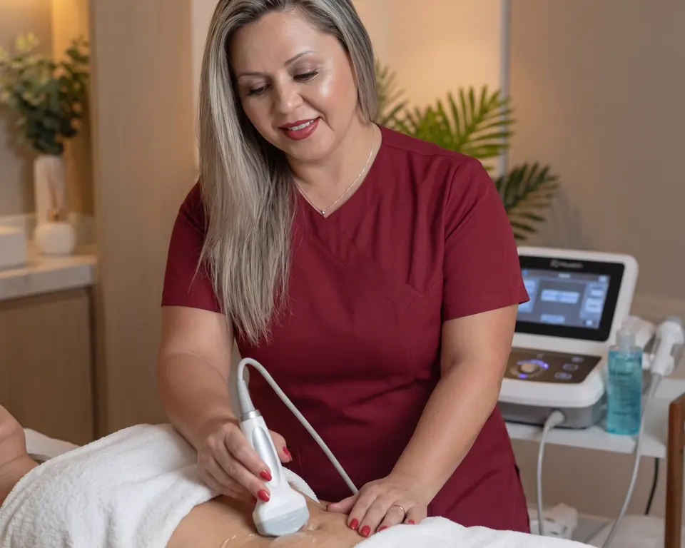 Profissional aplicando o ultrassom em uma cliente